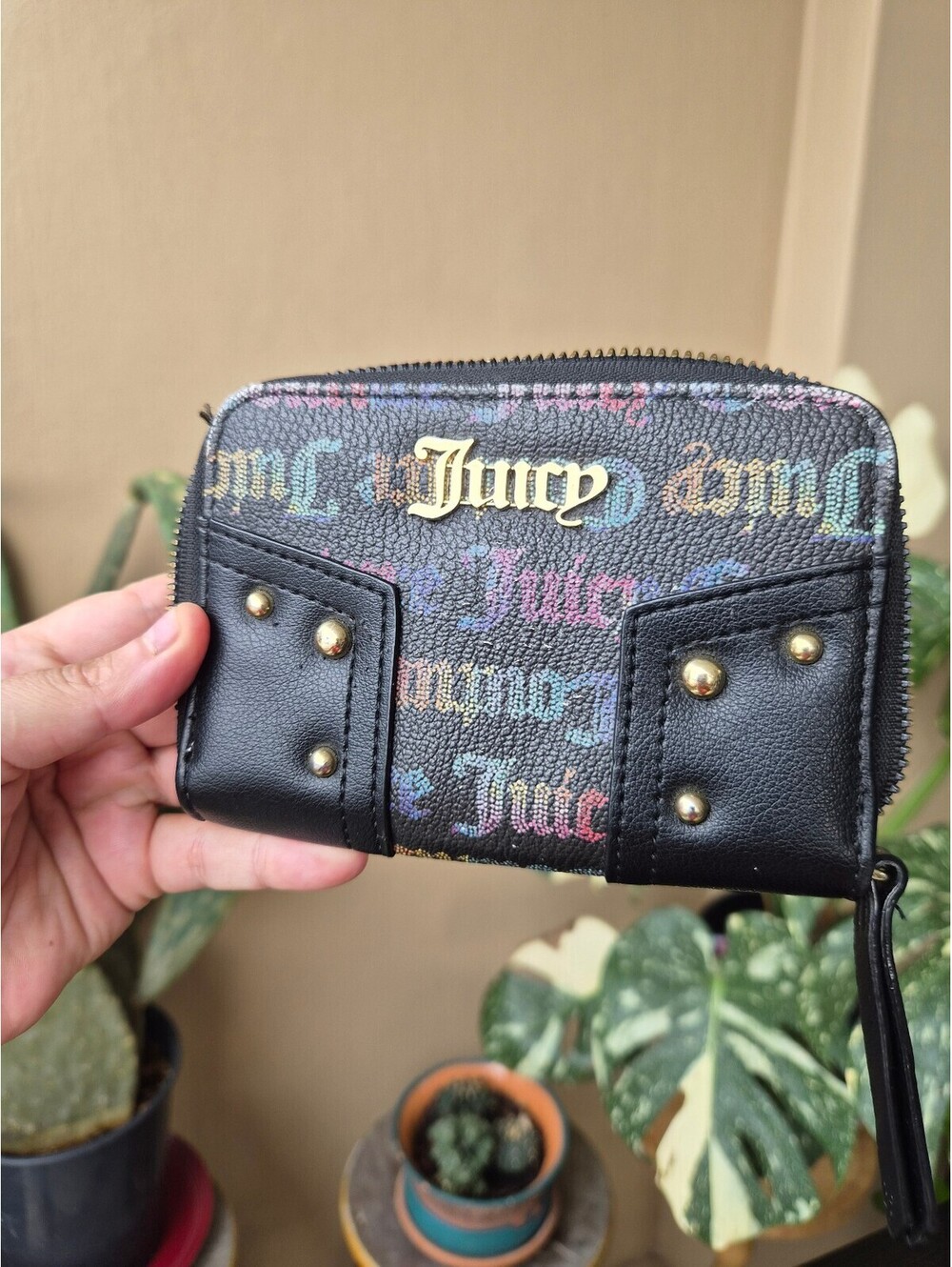 Juicy Couture Black Multicolor Logo Zip Around Wristlet Wallet Y2K